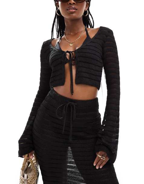 ASOS DESIGN stripe long sleeve tie front knit beach top in black - view 1