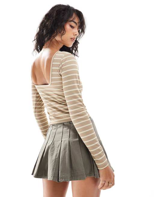 ASOS DESIGN stripe long sleeve top with low back in brown, 4 of 4
