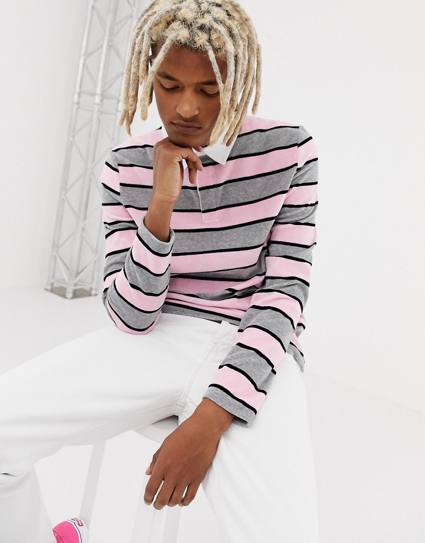 ASOS DESIGN stripe long sleeve velour polo in pink and grey-Multi