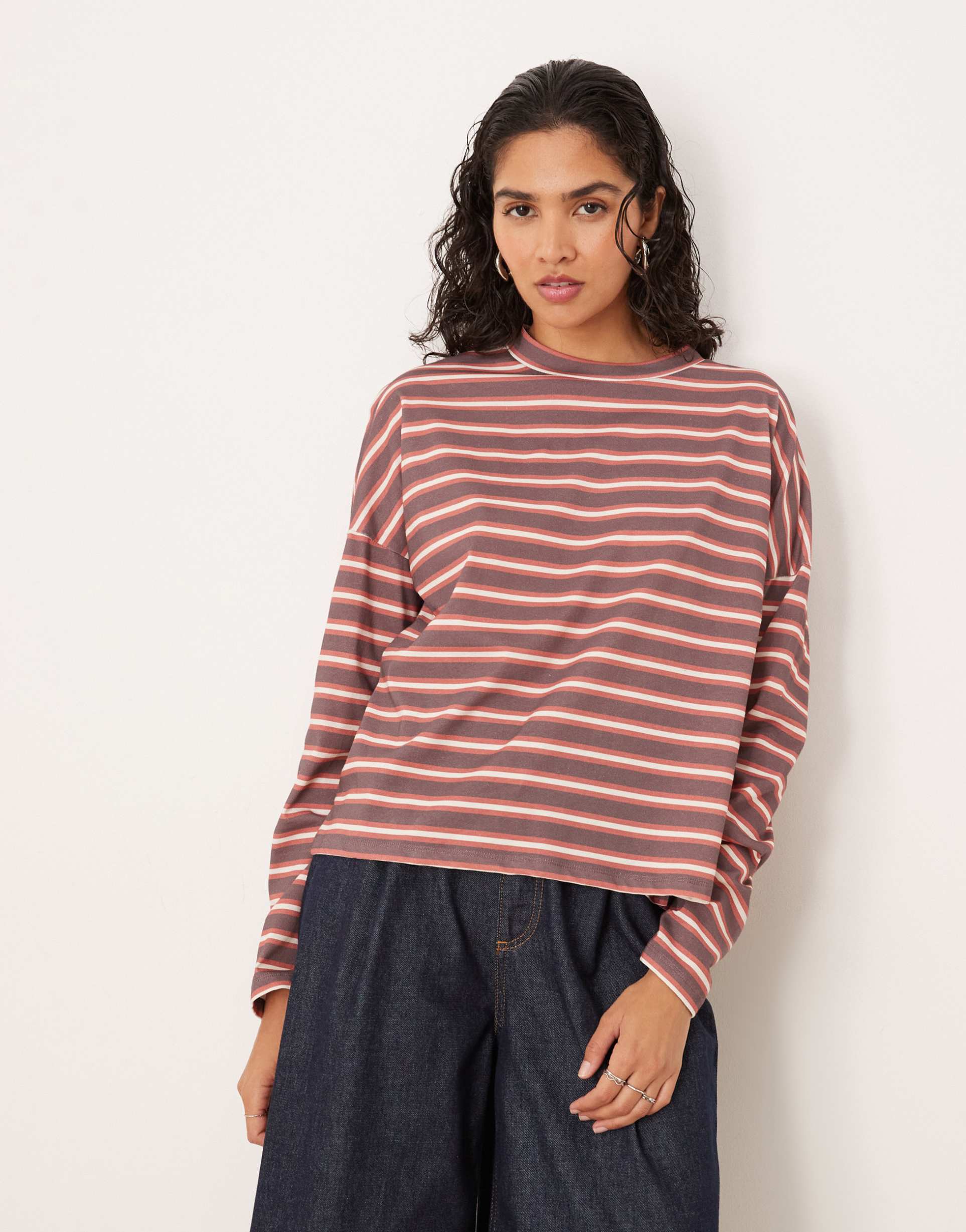 asos design stripe long wide sleeve oversized top in red