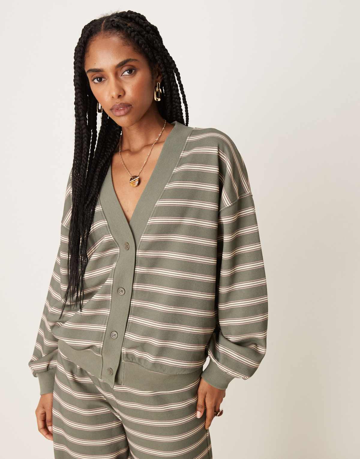 ASOS DESIGN stripe loopback button through cardigan co ord in olive