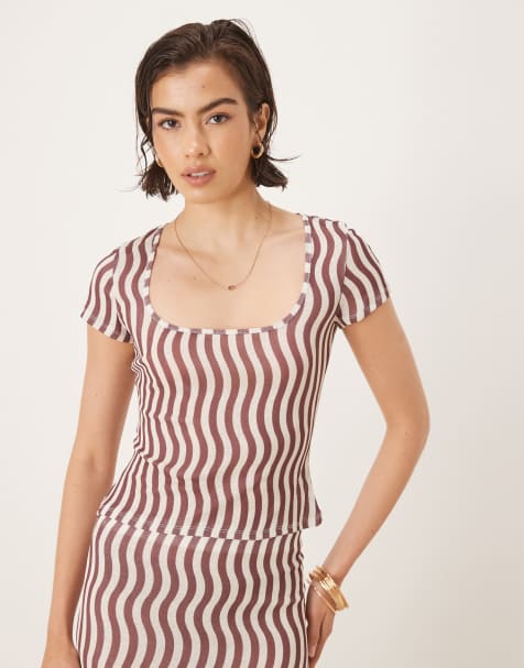 ASOS DESIGN stripe mesh short sleeve t-shirt in brown - view 1