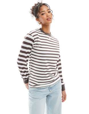 Asos Design Stripe Mix Skater Top In Beige-neutral