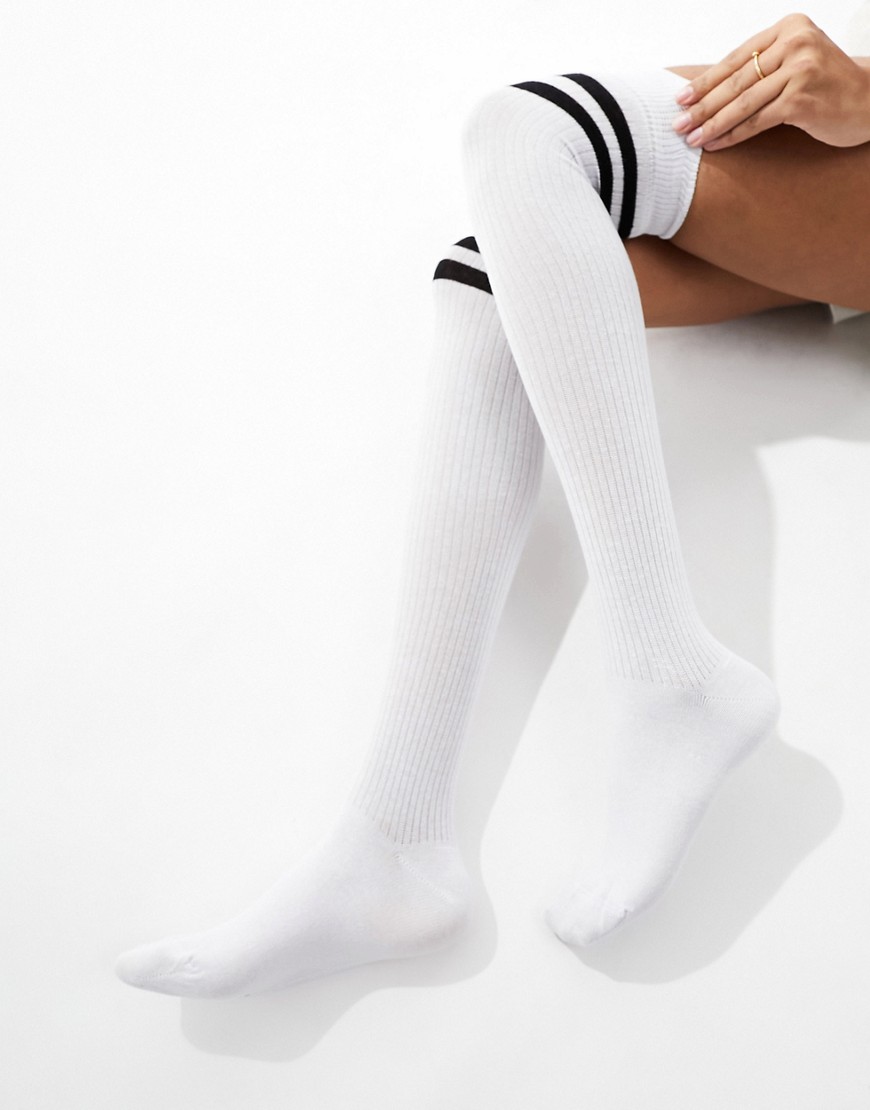 ASOS DESIGN stripe over the knee socks in white