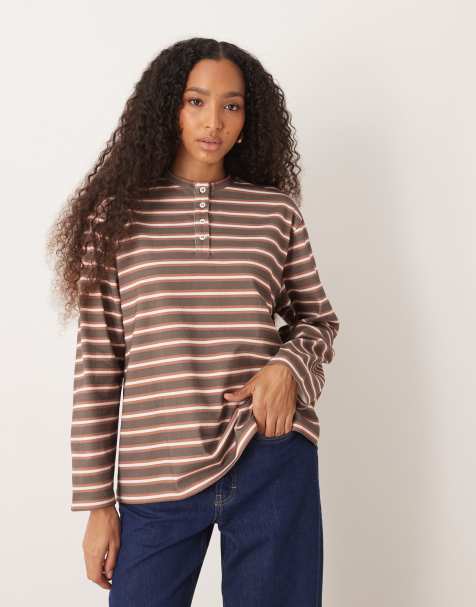 ASOS DESIGN stripe oversized henley top in brown - view 1