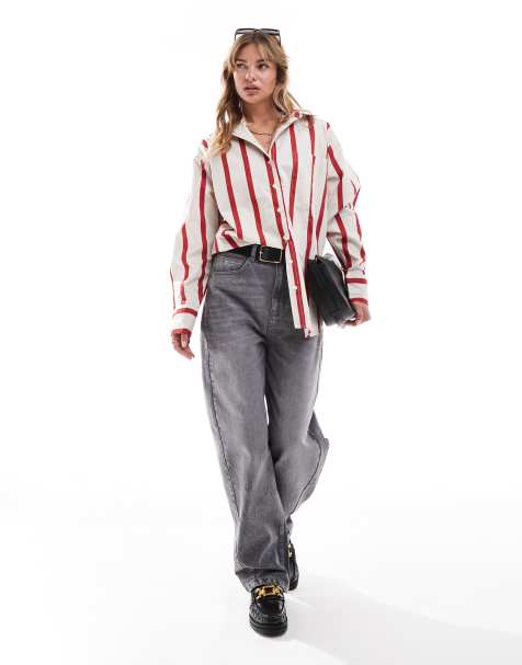 ASOS DESIGN stripe oversized shirt in cream and red - view 1