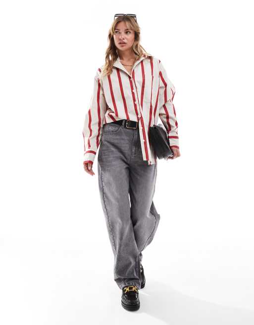 ASOS DESIGN stripe oversized shirt in cream and red 