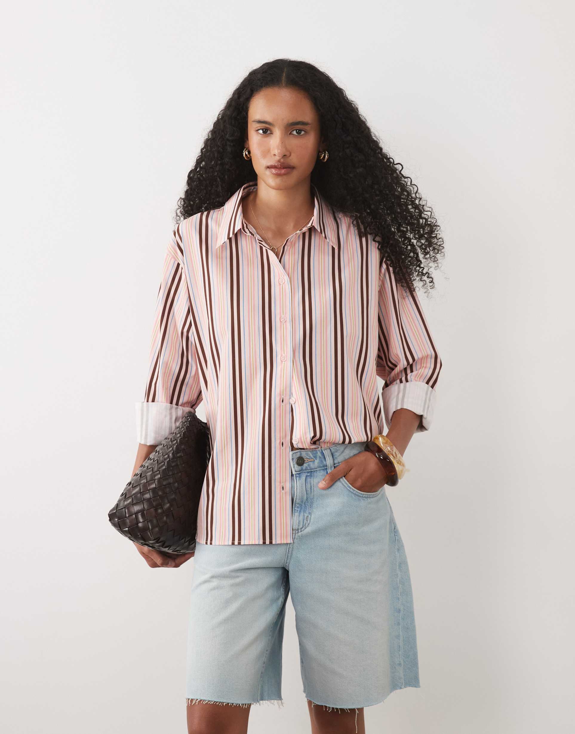 asos design stripe oversized shirt in pink stripe