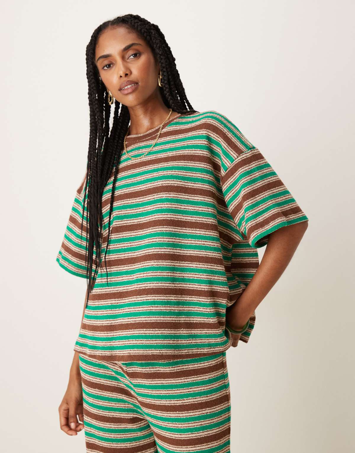 ASOS DESIGN stripe oversized t-shirt co-ord in green and brown stripe