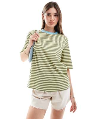 Asos Design Stripe Oversized T Shirt With Contrast Ringer In Khaki-green