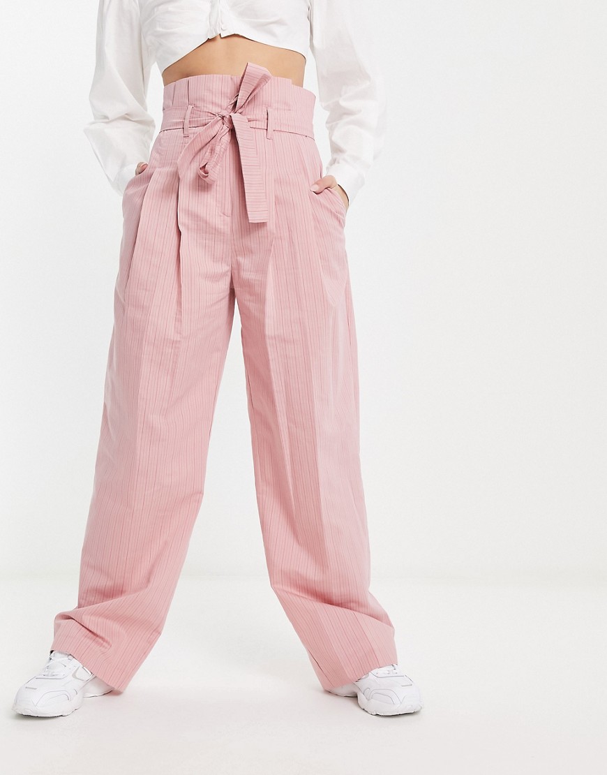 ASOS DESIGN stripe paperbag waist trouser in pink