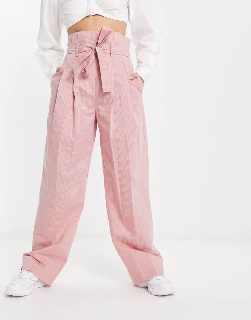 ASOS DESIGN stripe paperbag waist trouser in pink