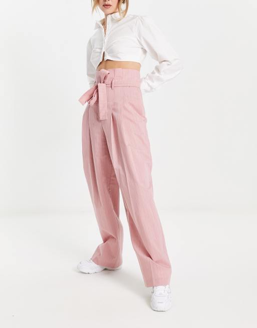 ASOS DESIGN stripe paperbag waist trouser in pink ASOS