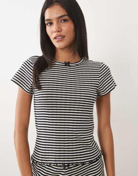 ASOS DESIGN stripe pointelle baby tee in navy and white - view 1