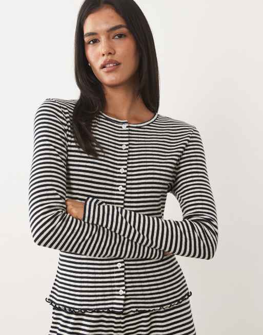 ASOS DESIGN stripe pointelle button through cardigan in navy and white, 2 of 4