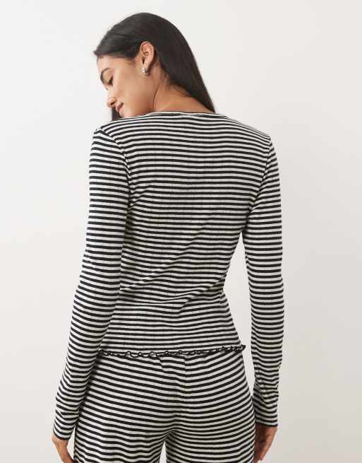 ASOS DESIGN stripe pointelle button through cardigan in navy and white, 4 of 4