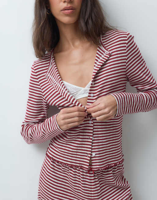 ASOS DESIGN stripe pointelle pyjama button through cardigan in burgundy and off white, 2 of 5