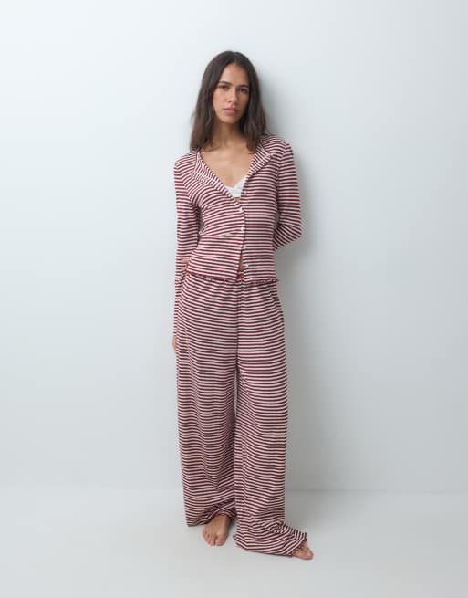 ASOS DESIGN stripe pointelle pyjama button through cardigan in burgundy and off white, 3 of 5