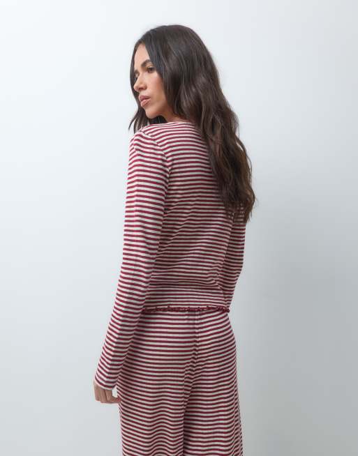 ASOS DESIGN stripe pointelle pyjama button through cardigan in burgundy and off white, 5 of 5