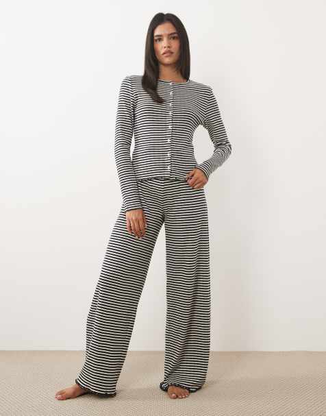ASOS DESIGN stripe pointelle pyjama in navy and white - view 1