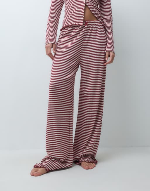 ASOS DESIGN stripe pointelle pyjama wide leg pants in burgundy and off white, 2 of 5