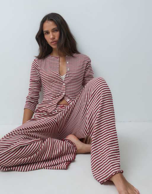 ASOS DESIGN stripe pointelle pyjama wide leg pants in burgundy and off white, 5 of 5