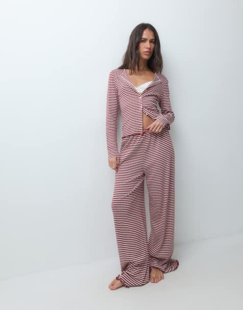 ASOS DESIGN stripe pointelle pyjama wide leg trousers in burgundy and off white - view 1