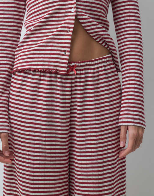 ASOS DESIGN stripe pointelle pyjama wide leg trousers in burgundy and off white, 3 of 5