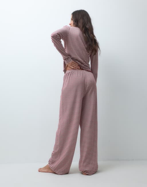 ASOS DESIGN stripe pointelle pyjama wide leg trousers in burgundy and off white, 4 of 5