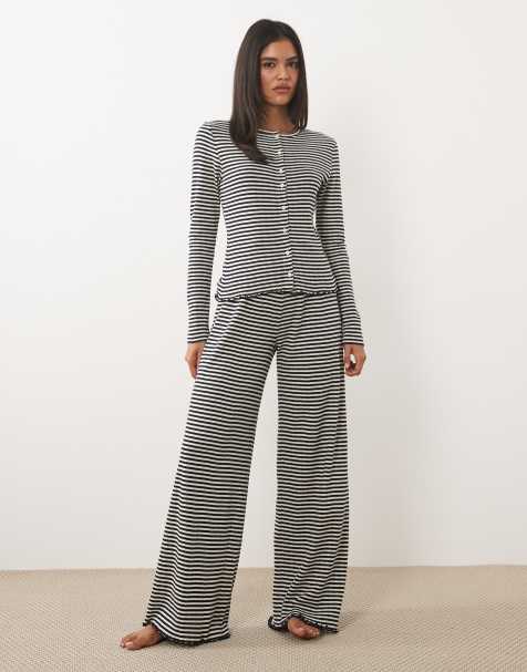 ASOS DESIGN stripe pointelle wide leg trousers in navy and white - view 1