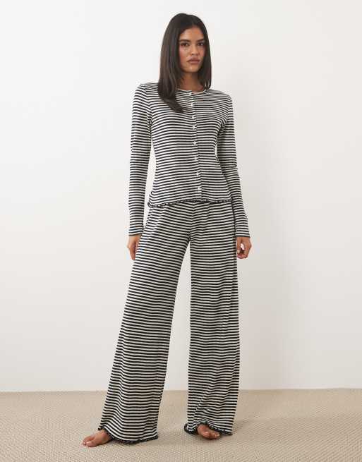 ASOS DESIGN stripe pointelle pyjama in navy and white, 2 of 4