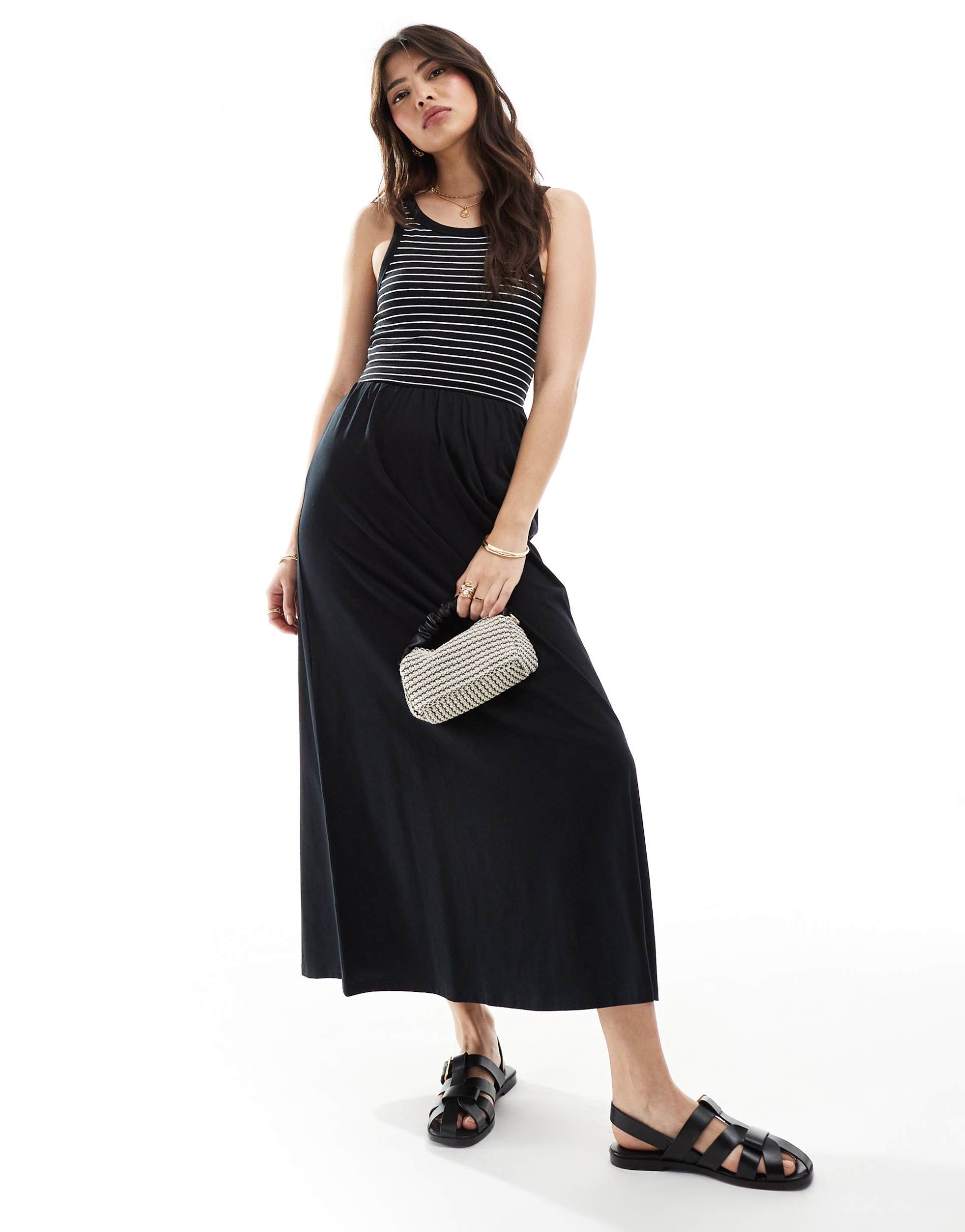 asos design stripe racer tank midi dress in black