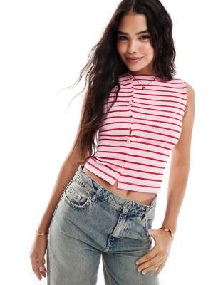 Asos Design Stripe Rib Asymmetric Sleeveless Top In Pink