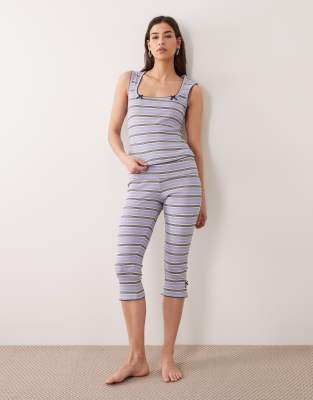 Asos Design Stripe Ribbed Square Neck Tank & Capri Pajama Set In Multi
