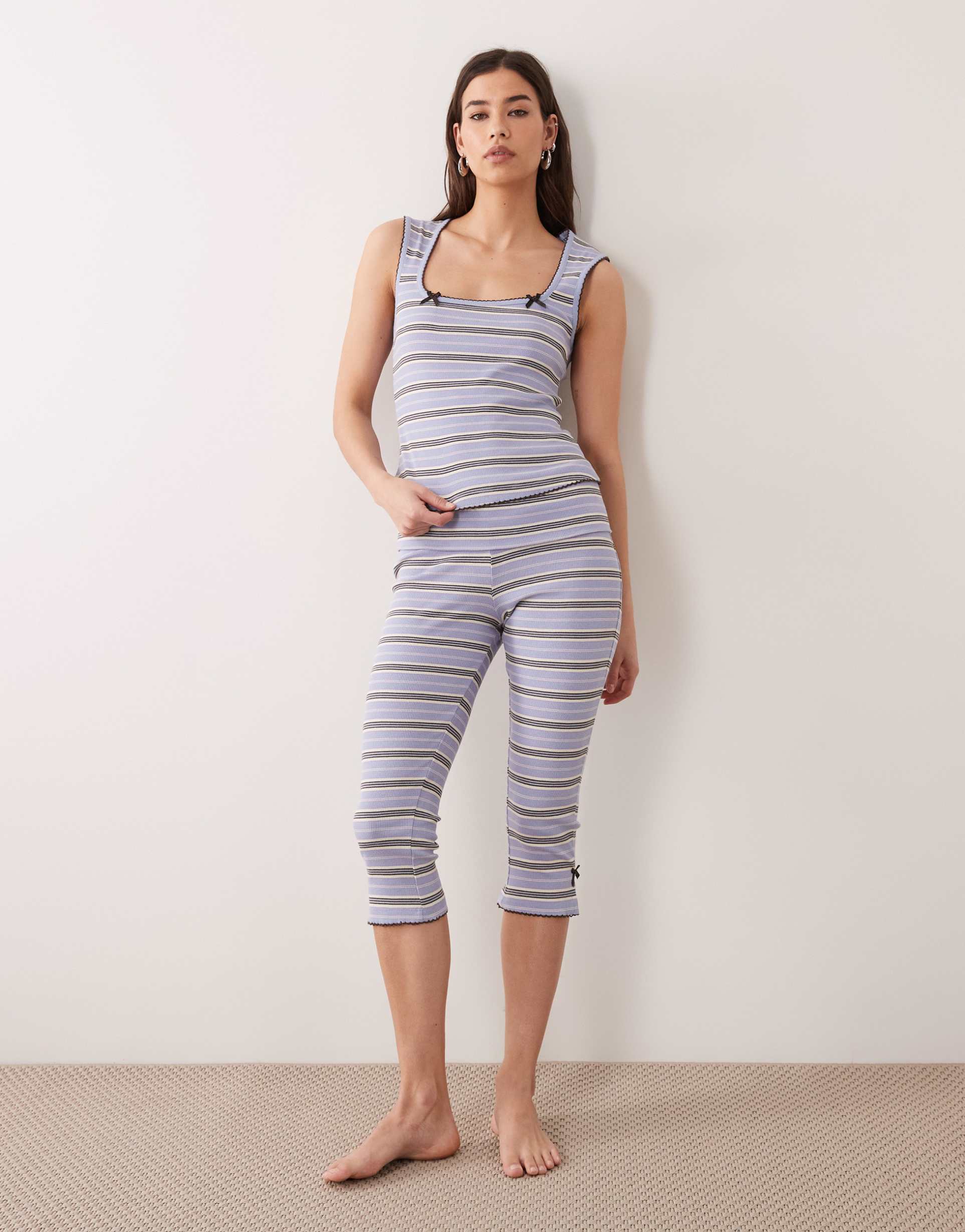 asos design stripe ribbed square neck tank & capri pajama set in lilac