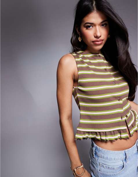 ASOS DESIGN stripe ruffle sleeveless boxy top in brown - view 1