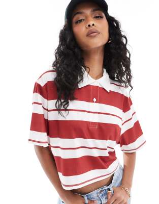 stripe rugby polo crop top in red-Multi