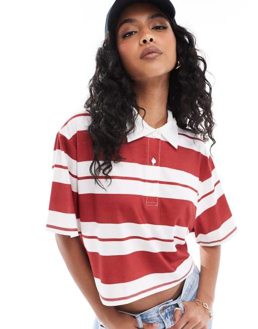 ASOS DESIGN stripe rugby polo crop top in red ASOS