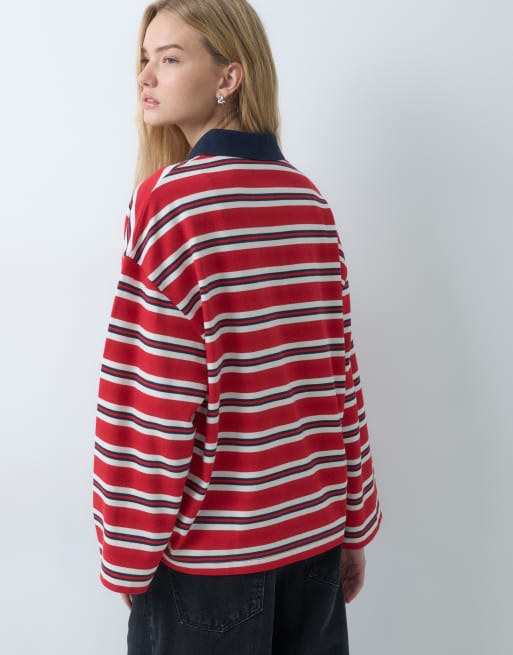 ASOS DESIGN stripe rugby polo sweatshirt in red and navy, 2 of 5