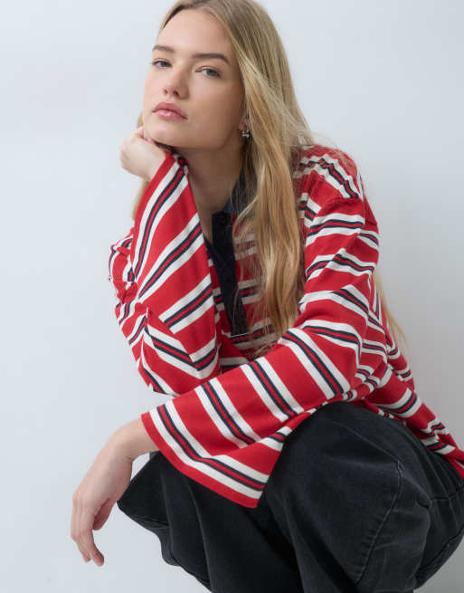 ASOS DESIGN stripe rugby polo sweatshirt in red and navy, 3 of 5