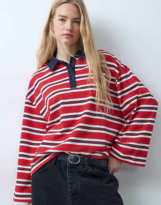 ASOS DESIGN stripe rugby polo sweatshirt in red and navy, 4 of 5