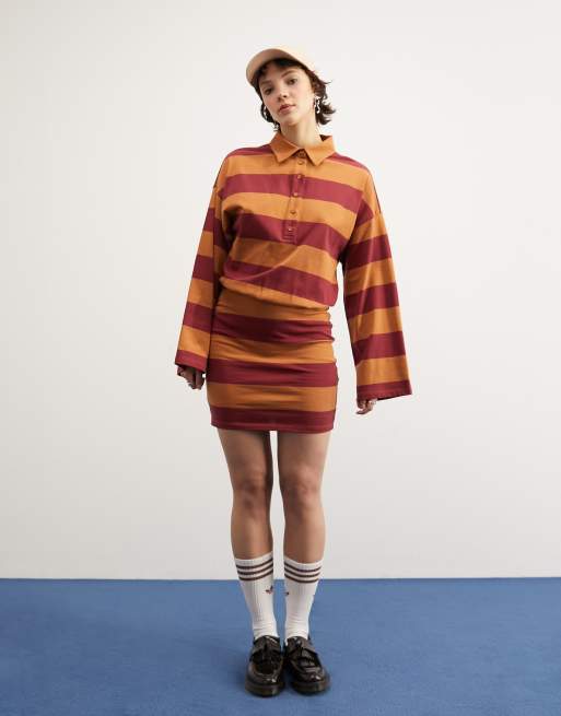 ASOS DESIGN stripe rugby shirt mini dress in mustard & burgundy, 4 of 5