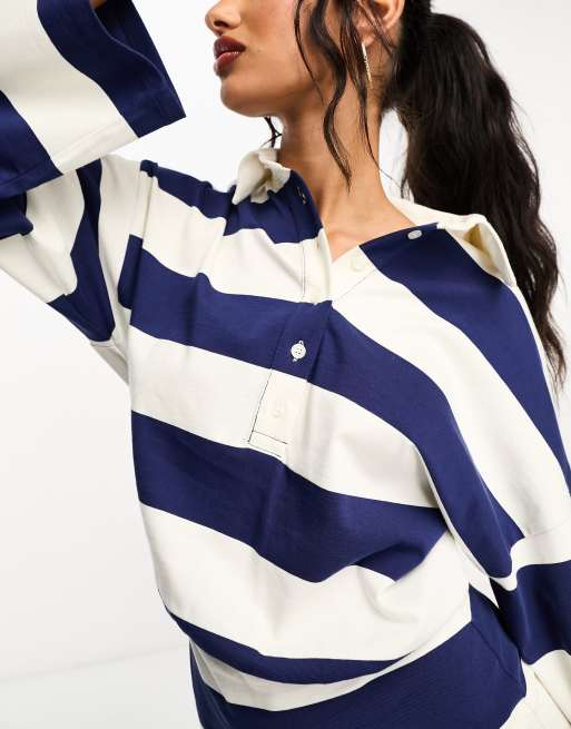 ASOS DESIGN stripe rugby shirt mini dress in navy & cream | ASOS