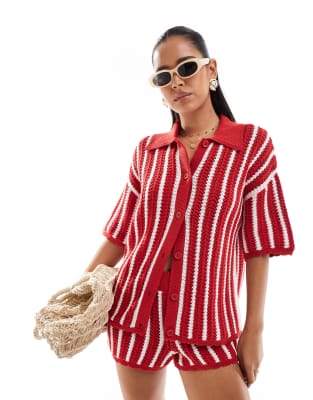 ASOS DESIGN stripe scallop edge knitted shirt co-ord in red | ASOS