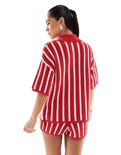 ASOS DESIGN stripe scallop edge knitted shirt co-ord in red, 4 of 4