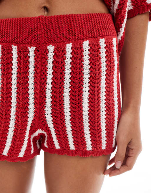 ASOS DESIGN stripe scallop edge knitted short co-ord in red, 5 of 5
