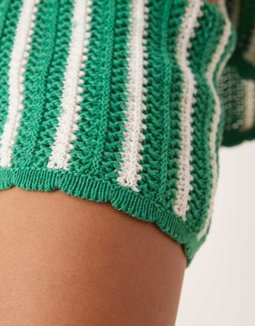 ASOS DESIGN stripe scallop edge knitted shorts in green (part of a set), 4 of 5