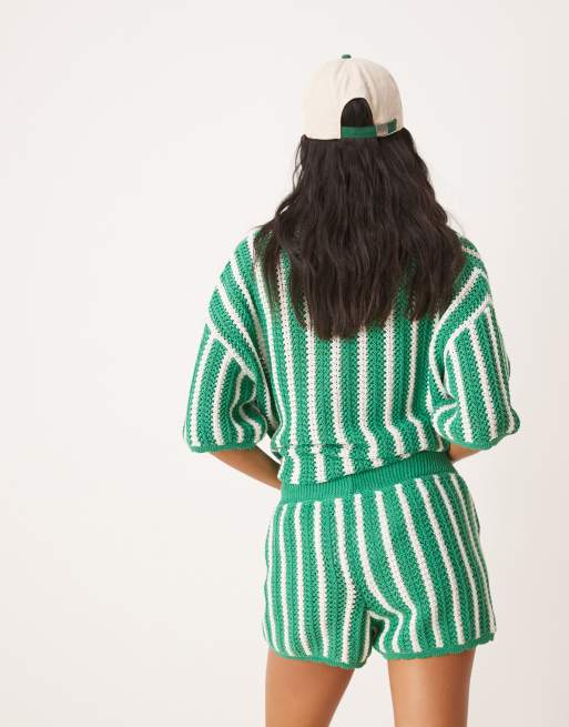 ASOS DESIGN stripe scallop edge knitted shorts in green (part of a set), 5 of 5