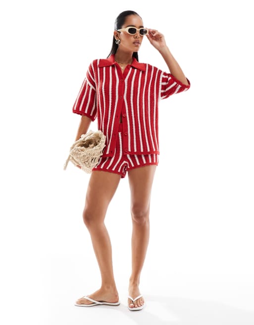 ASOS DESIGN stripe scallop edge knitted shorts in red (part of a set), 2 of 5