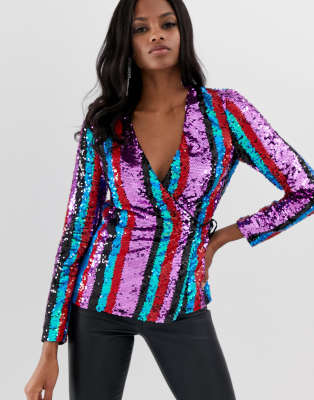 ASOS DESIGN stripe sequin embellished wrap long sleeve top-Multi